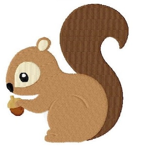 May include: A brown and tan cartoon squirrel holding a brown acorn in its paws. The squirrel has a bushy brown tail.