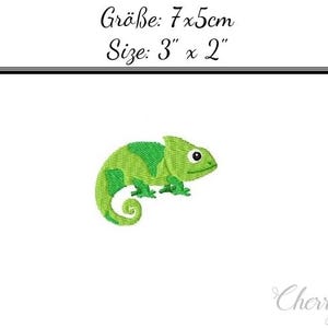 May include: An embroidered patch featuring a green chameleon with a curled tail and a white eye. The text reads Size: 3" x 2" and Cherrymoia. The design is rendered in shades of light and dark green thread against a plain white background.