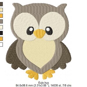 K&ouml;nnte beinhalten: Gesticktes Eulen-Design in Braun-, Grau- und Gelbt&ouml;nen. Die Eule hat gro&szlig;e, runde Augen, einen gelben Schnabel und gelbe F&uuml;&szlig;e. Das Design misst 8,4 x 9,86 cm.