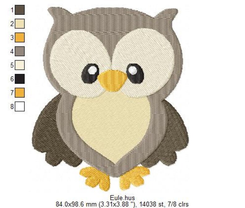 K&ouml;nnte beinhalten: Gesticktes Eulen-Design in Braun-, Grau- und Gelbt&ouml;nen. Die Eule hat gro&szlig;e, runde Augen, einen gelben Schnabel und gelbe F&uuml;&szlig;e. Das Design misst 8,4 x 9,86 cm.
