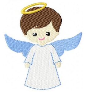 May include: A cartoon angel with brown hair, a gold halo, and light blue wings. The angel wears a white robe with light blue trim and has a smiling face. This image is suitable for embroidery or other craft projects.