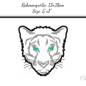May include: Black and white line art embroidery design of a white tiger's face with green eyes. The design is 5 inches by 7 inches and is suitable for a 13 by 18 centimeter frame.