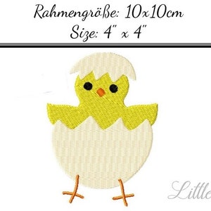 May include: A yellow chick hatching out of a white egg with black eyes and an orange beak. The chick is 4 inches by 4 inches.