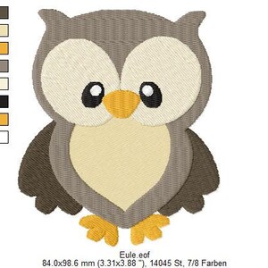 K&ouml;nnte beinhalten: Gesticktes Eulen-Design in Braun-, Beige- und Gelbt&ouml;nen. Die Eule hat gro&szlig;e, runde Augen mit schwarzen Pupillen und einen gelben Schnabel. Das Design ist ca. 8,4 x 9,86 cm gro&szlig;.