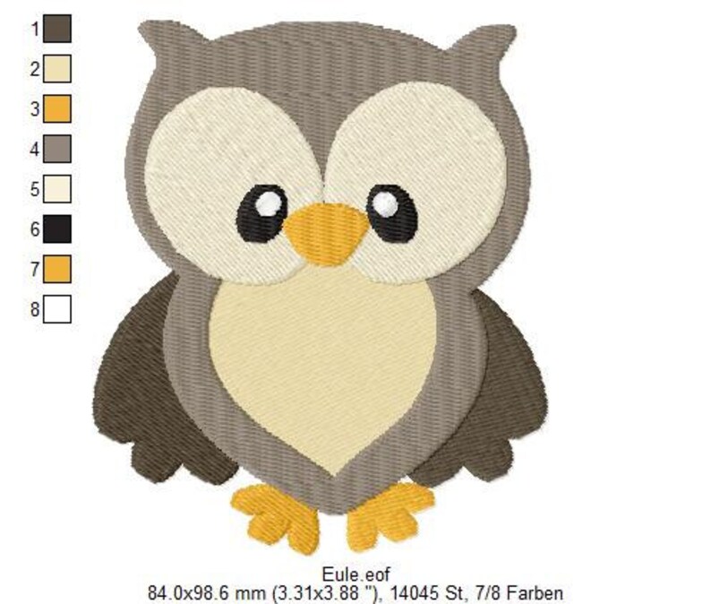 K&ouml;nnte beinhalten: Gesticktes Eulen-Design in Braun-, Beige- und Gelbt&ouml;nen. Die Eule hat gro&szlig;e, runde Augen mit schwarzen Pupillen und einen gelben Schnabel. Das Design ist ca. 8,4 x 9,86 cm gro&szlig;.