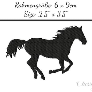 May include: Black silhouette of a horse running, with the text "Rahmengröße: 6 x 9cm Size: 2.5" x 3.5"" below the image.