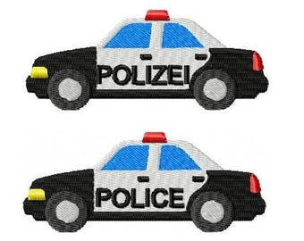 May include: Two embroidered images of police cars. The top car is white with black trim and says "POLIZEI" on the side. The bottom car is white with black trim and says "POLICE" on the side.