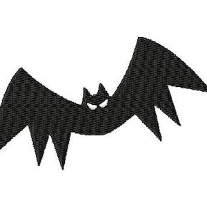 May include: Black silhouette of a bat with white eyes. The bat is flying with its wings spread out.
