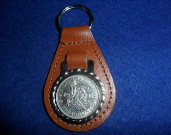 75th Birthday Gift 1943 British coin Silver Shilling brown leather keyring unusual gift 75th birthday gift for a woman gift for a man