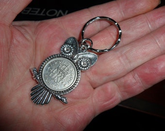 80th birthday gift Owl keyring with British 1944 lucky silver sixpence coin gift for a woman