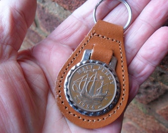 70th Birthday present 1954 lucky halfpenny coin brown leather keyring unusual gift  70th birthday gift for a woman gift for a man British