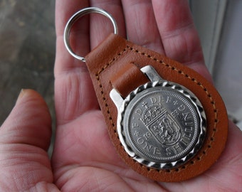 70th Birthday present 1954 lucky shilling coin brown leather keyring unusual gift 70th birthday gift for a woman gift for a man British