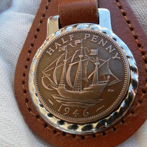 80th Birthday present 1946 lucky halfpence brown leather keyring unusual gift 80th birthday gift for a woman gift for a man British image 5