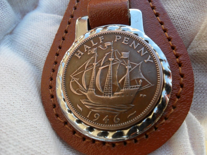 80th Birthday present 1946 lucky halfpence brown leather keyring unusual gift 80th birthday gift for a woman gift for a man British image 5
