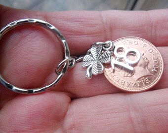 18th Birthday present 2006 British coin keyfob for an 18th birthday gift with "18" and clover charms British coin