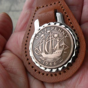 80th Birthday present 1946 lucky halfpence brown leather keyring unusual gift 80th birthday gift for a woman gift for a man British image 2