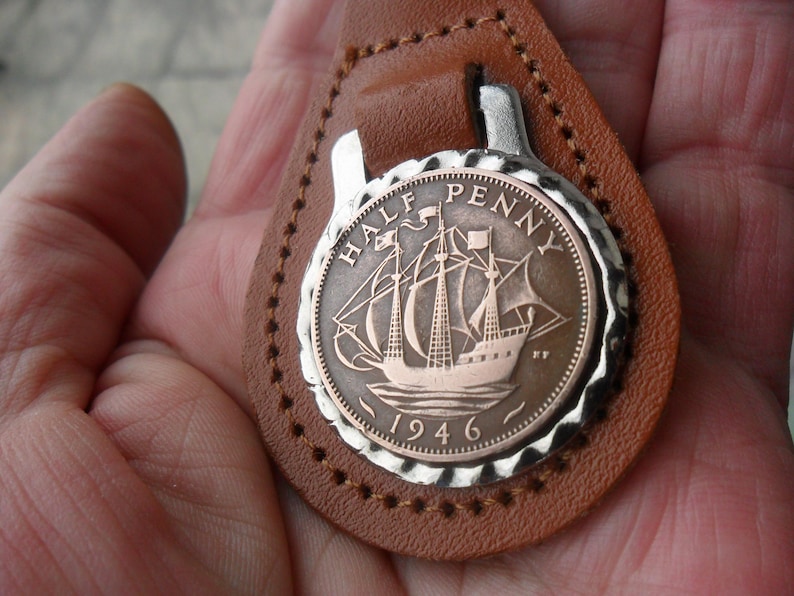 80th Birthday present 1946 lucky halfpence brown leather keyring unusual gift 80th birthday gift for a woman gift for a man British image 2