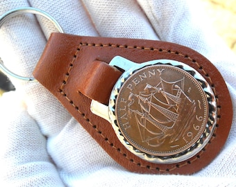 60th Birthday gift 1966 lucky halfpenny  leather keyring unusual gift  60th birthday gift for a woman gift for a man British