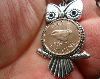 75th birthday gift Owl bag charm owl gift with British 1943 bird coin gift for a woman gift for a man 75th birthday present
