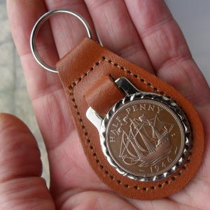 80th Birthday present 1946 lucky halfpence brown leather keyring unusual gift 80th birthday gift for a woman gift for a man British image 1