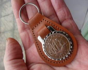 80th Birthday present 1946 lucky halfpence brown leather keyring unusual gift  80th birthday gift for a woman gift for a man British