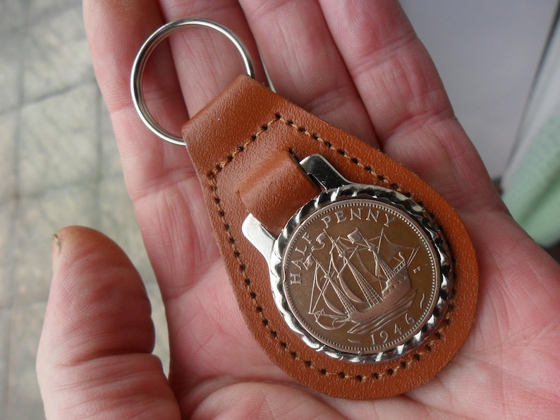 80th Birthday present 1946 lucky halfpence brown leather keyring unusual gift 80th birthday gift for a woman gift for a man British image 1