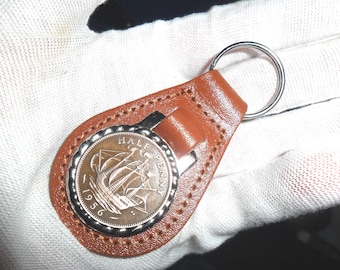 70th Birthday present 1956 lucky halfpence leather keyring unusual gift  70th birthday gift for a woman gift for a man British