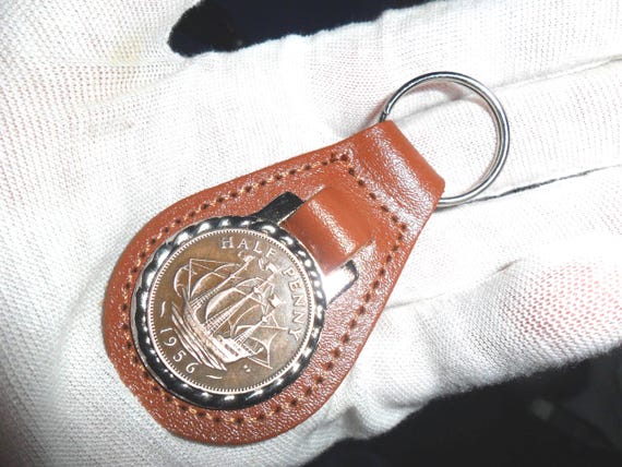 70th Birthday present 1956 lucky halfpence leather keyring unusual gift  70th birthday gift for a woman gift for a man British