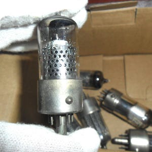 May include: A vintage vacuum tube held by a gloved hand, featuring a clear glass bulb and a perforated metal cylinder. Several other tubes are visible in a cardboard box, suggesting a collection of electronic components.