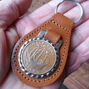 80th Birthday present 1944 lucky halfpenny coin brown leather keyring unusual gift  80th birthday gift for a woman gift for a man British