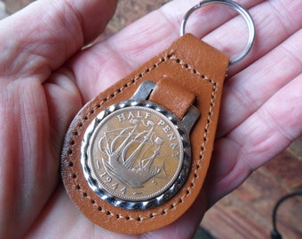 80th Birthday present 1944 lucky halfpenny coin brown leather keyring unusual gift 80th birthday gift for a woman gift for a man British