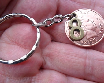 8th anniversary Bronze anniversary 2015 British coin keyring with bronze 8 charm 8th anniversary gift for a man gift for a woman