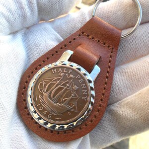 80th Birthday present 1946 lucky halfpence brown leather keyring unusual gift 80th birthday gift for a woman gift for a man British image 4
