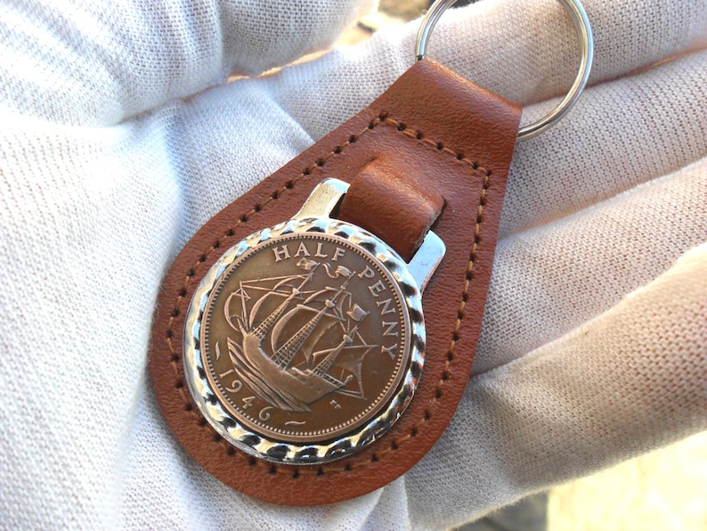 80th Birthday present 1946 lucky halfpence brown leather keyring unusual gift 80th birthday gift for a woman gift for a man British image 4