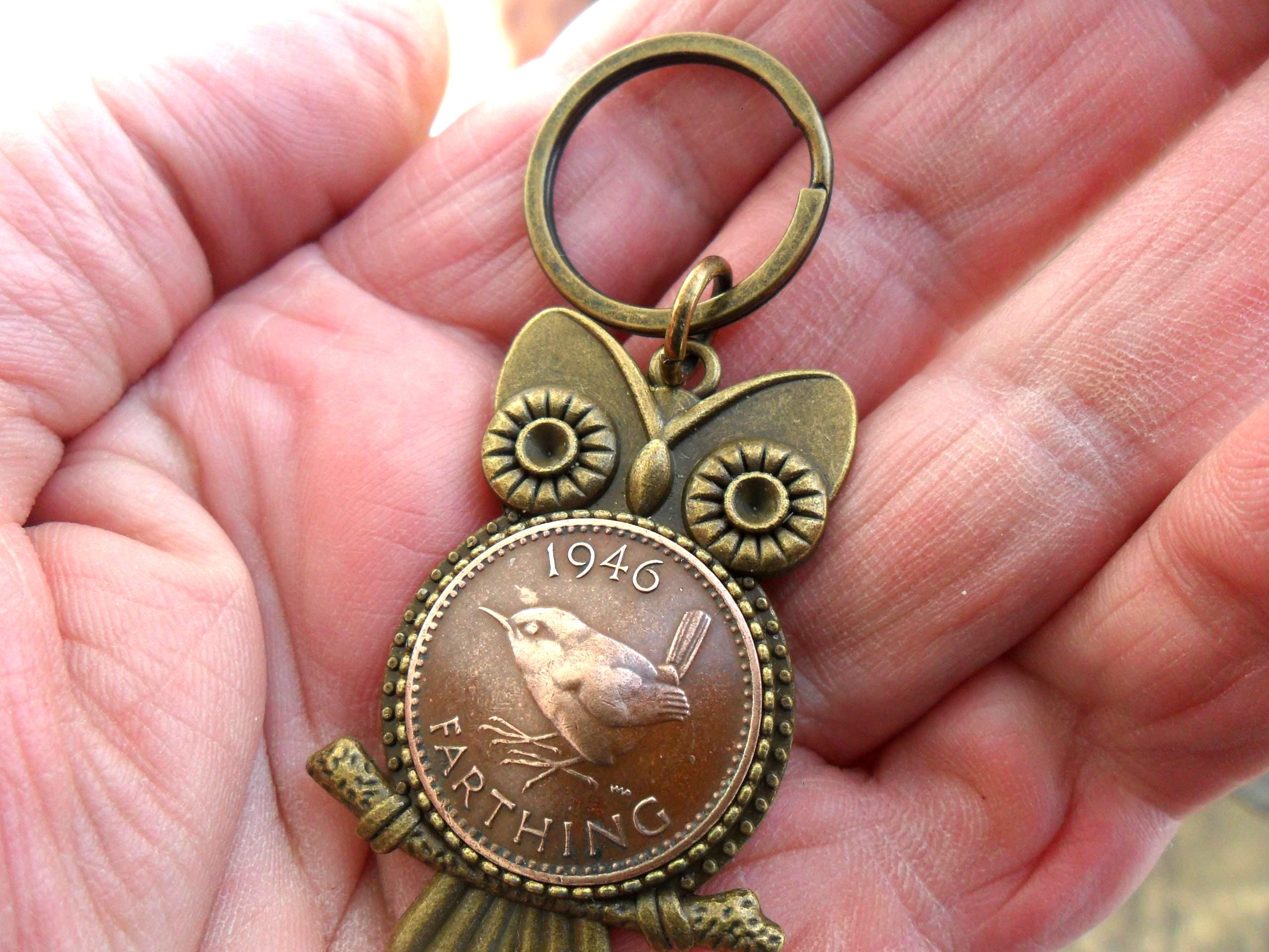 80th birthday gift Owl Key Fob owl gift with British 1946 bird coin gift for a woman gift for a man