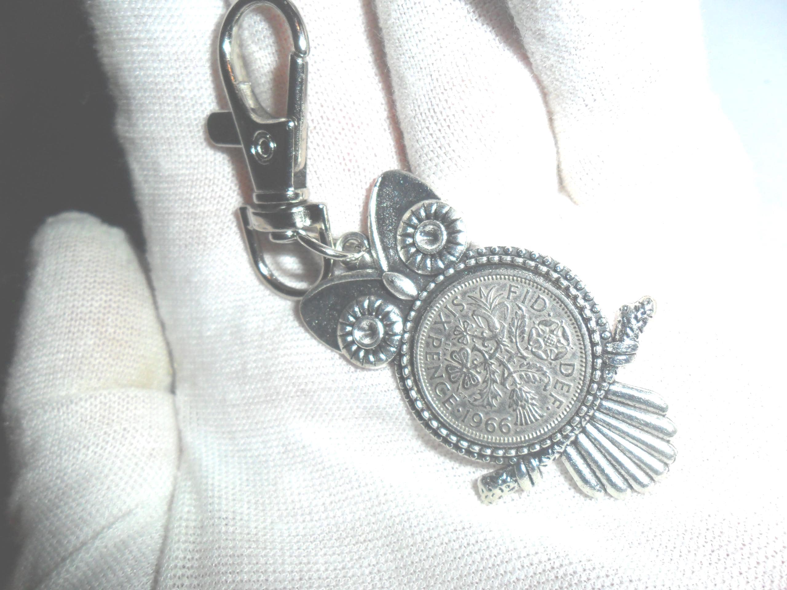 60th birthday gift for a woman owl gift Owl bag charm keyring with British 1966 lucky sixpence 60th