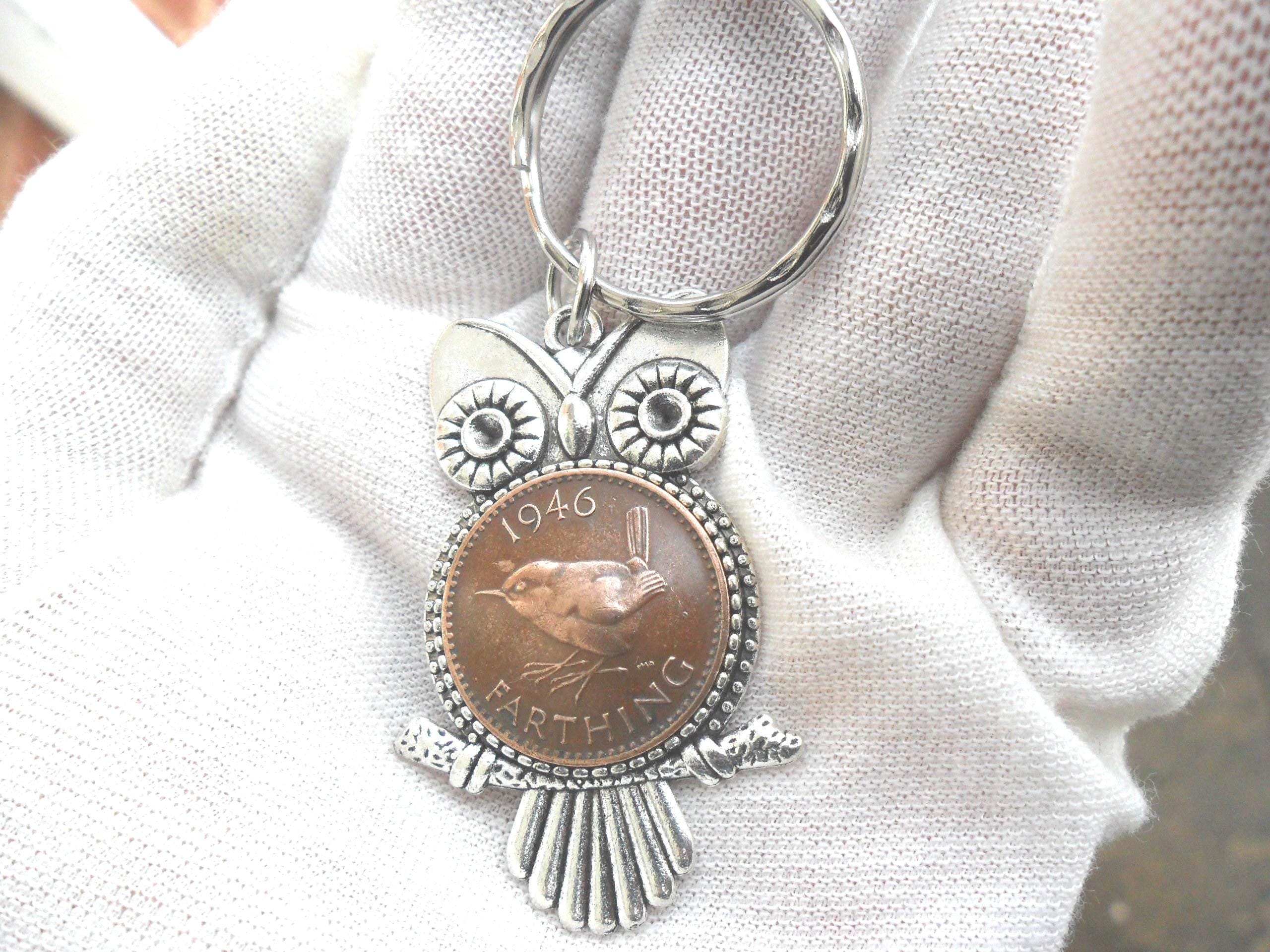 80th birthday gift Owl Key Fob owl gift with British 1946 bird coin gift for a woman gift for a man 