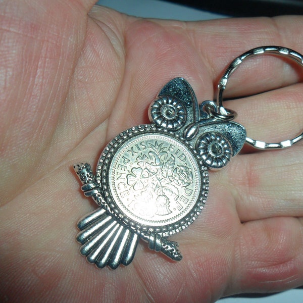 70th birthday gift Owl keyfob with British 1954 lucky sixpence coin gift for a man gift for a woman