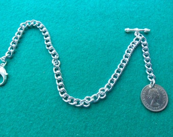 Albert pocket watch Chain silver coloured watch chain with Queen Elizabeth "lucky sixpence" pendant Gift for a man Birmingham