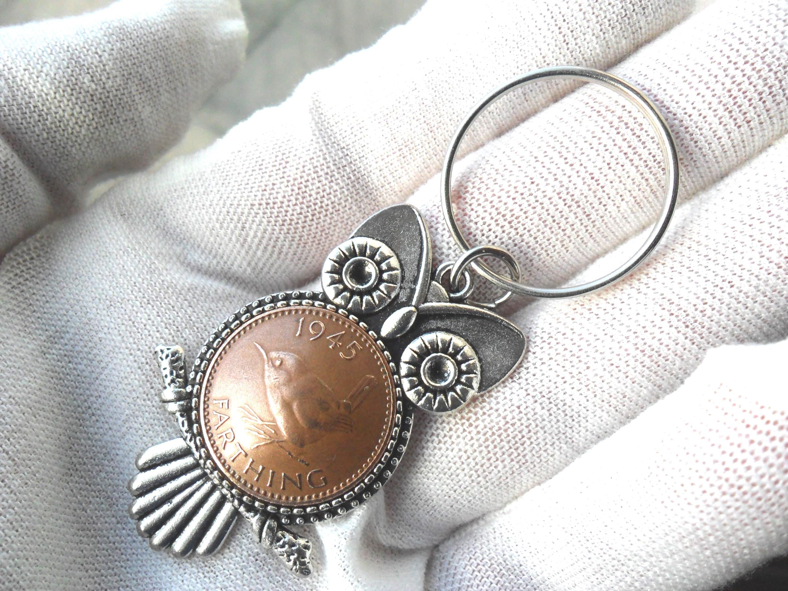 80th birthday gift Owl Key Fob owl gift with British 1945 bird coin gift for a woman gift for a man 