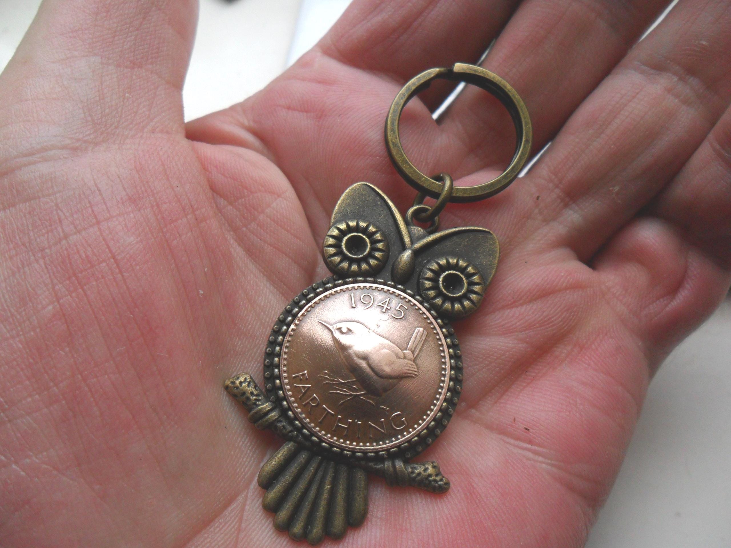 80th birthday gift Owl Key Fob owl gift with British 1945 bird coin gift for a woman gift for a man