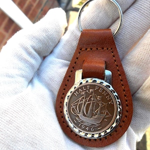 80th Birthday present 1946 lucky halfpence brown leather keyring unusual gift 80th birthday gift for a woman gift for a man British image 3