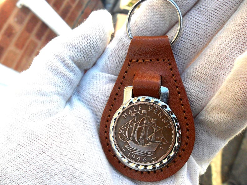 80th Birthday present 1946 lucky halfpence brown leather keyring unusual gift 80th birthday gift for a woman gift for a man British image 3