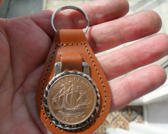 75th Birthday present 1943 lucky halfpenny coin brown leather keyring unusual gift 75th birthday gift for a woman gift for a man British