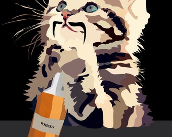 Scottish Moustache Cat loves Whisky Digital Art Print....