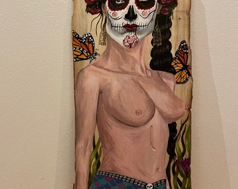 Mexican day of the dead mermaid acrylic painting on pine wood….