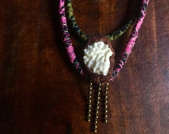 Aquarius rising- poised, savvy & unique, fabric necklace with ethically foraged coral, one of a kind wearable art