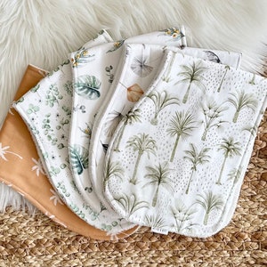 Contoured Unisex Burp cloths, Dribble cloths, Unisex colours, leaves, botanicals, baby boy, baby girl, Palm trees, Mustards, Greens, Teals