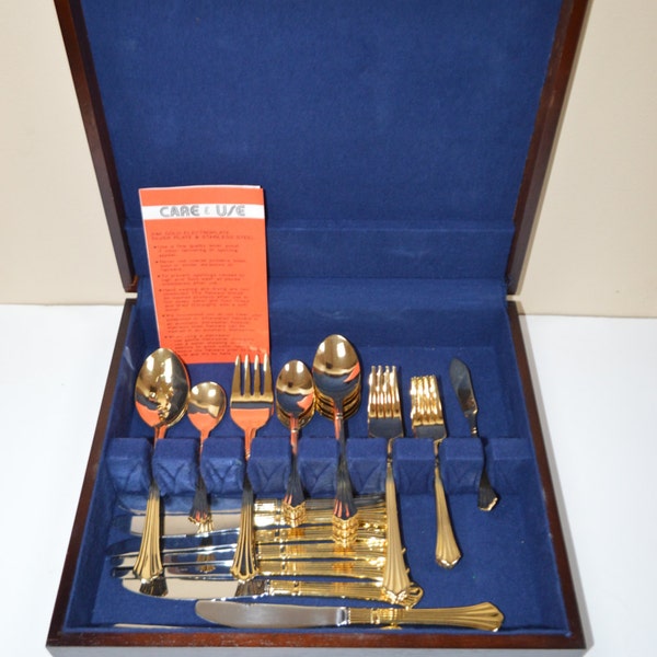 Gold Plated Flatware, Vintage Estia Savoy, Silverware Set, Eating Utensils, Kitchen Gift, Gift for Her, Wooden Box, Storage Box, Utensil Set