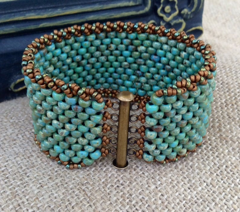 Peyote Cuff Beaded Bracelet Turquoise Beadweaving Rustic Etsy